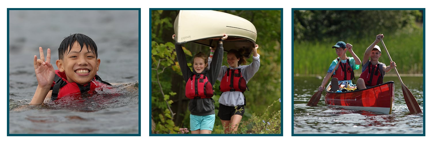 Student swimming, students carrying canoe, students in canoe