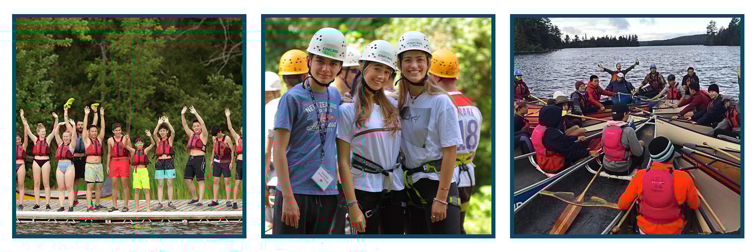Students on the dock, students wearing high rope gear, and students in canoes