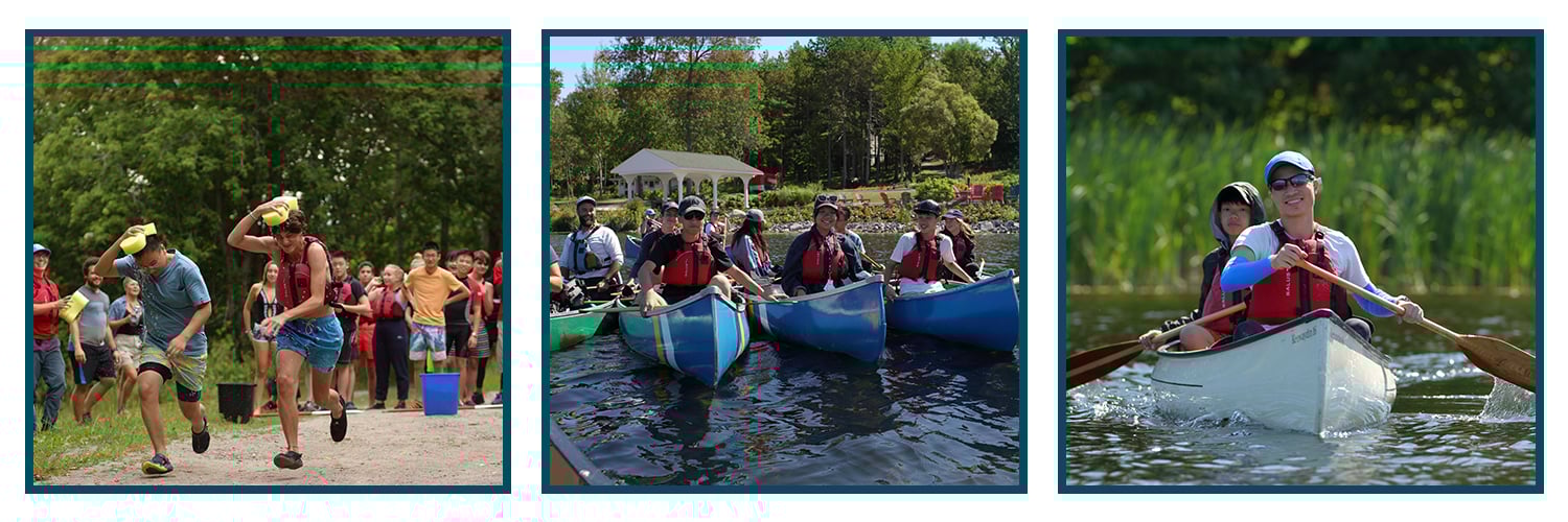 Students running and canoeing