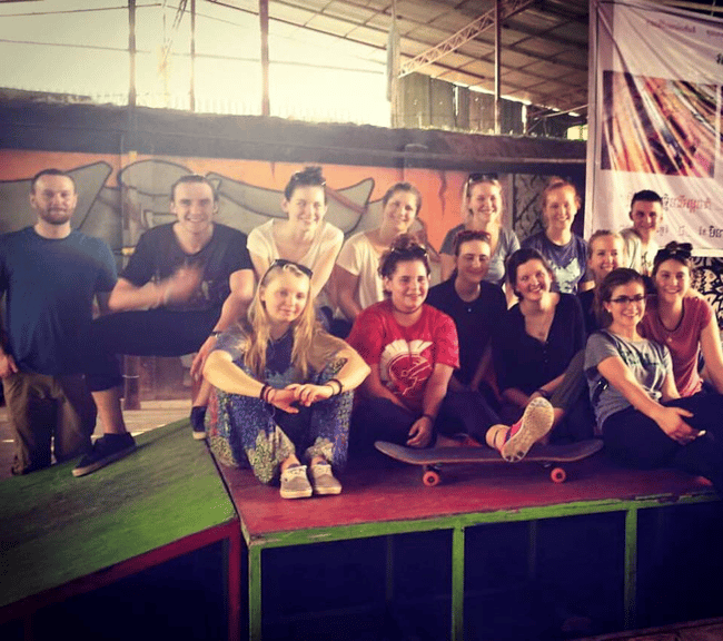 Team Cambodia poses for a picture at Skateistan - an organization that uses skateboarding to empower local children and youth